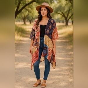 Boho Patchwork Kimono Open Front Colorful Lightweight Sheer Duster One Size